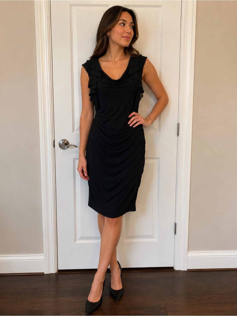 Black Sleeveless Ruffled Sheath Dress